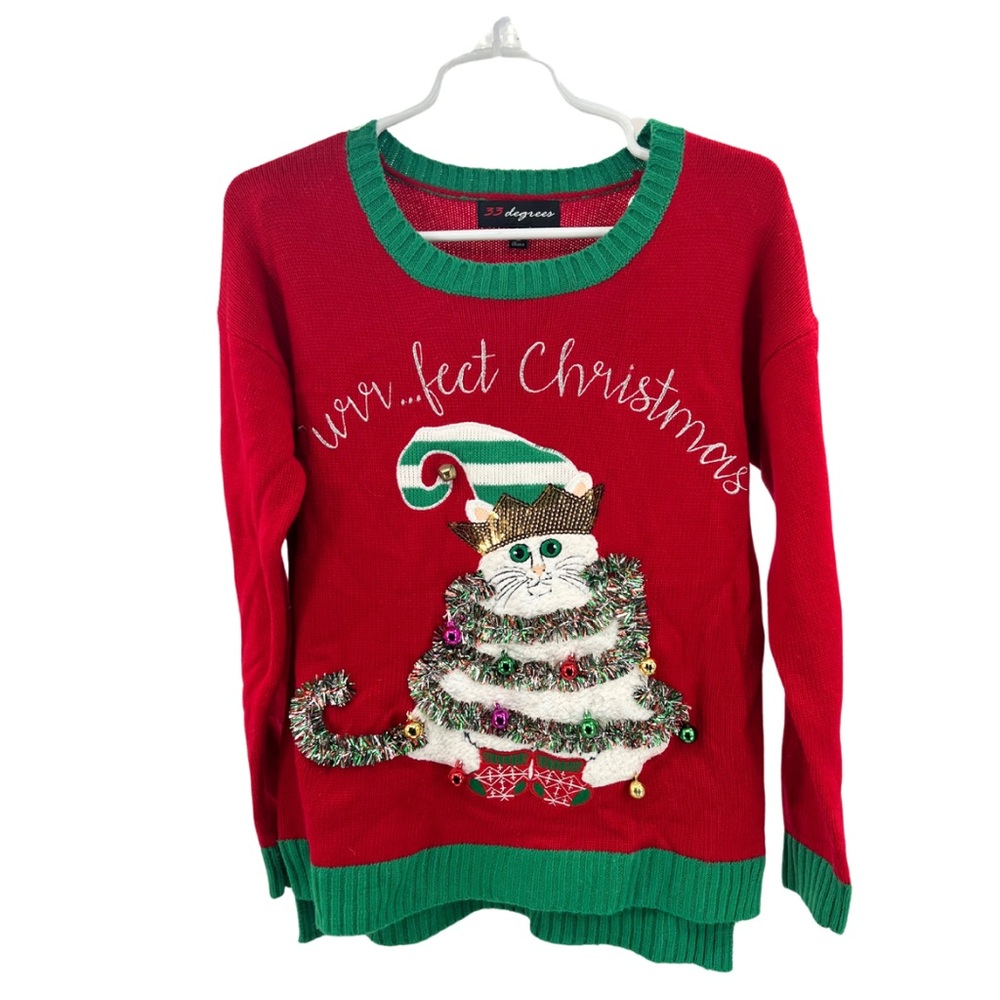 33 Degrees cat Christmas sweater tinsel bells s ugly sweater sequins embroidered
